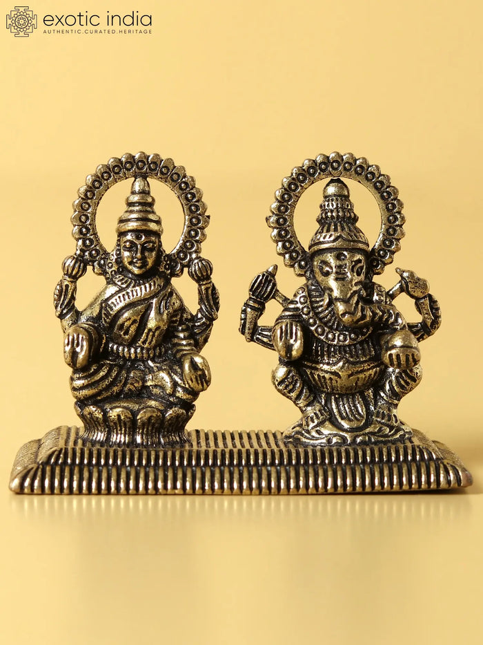 2" Small Brass Beautiful Statue of Lakshmi and Ganesha