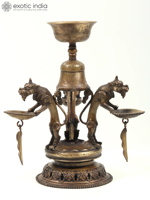 12" Nepali Temple Lion Brass Lamp