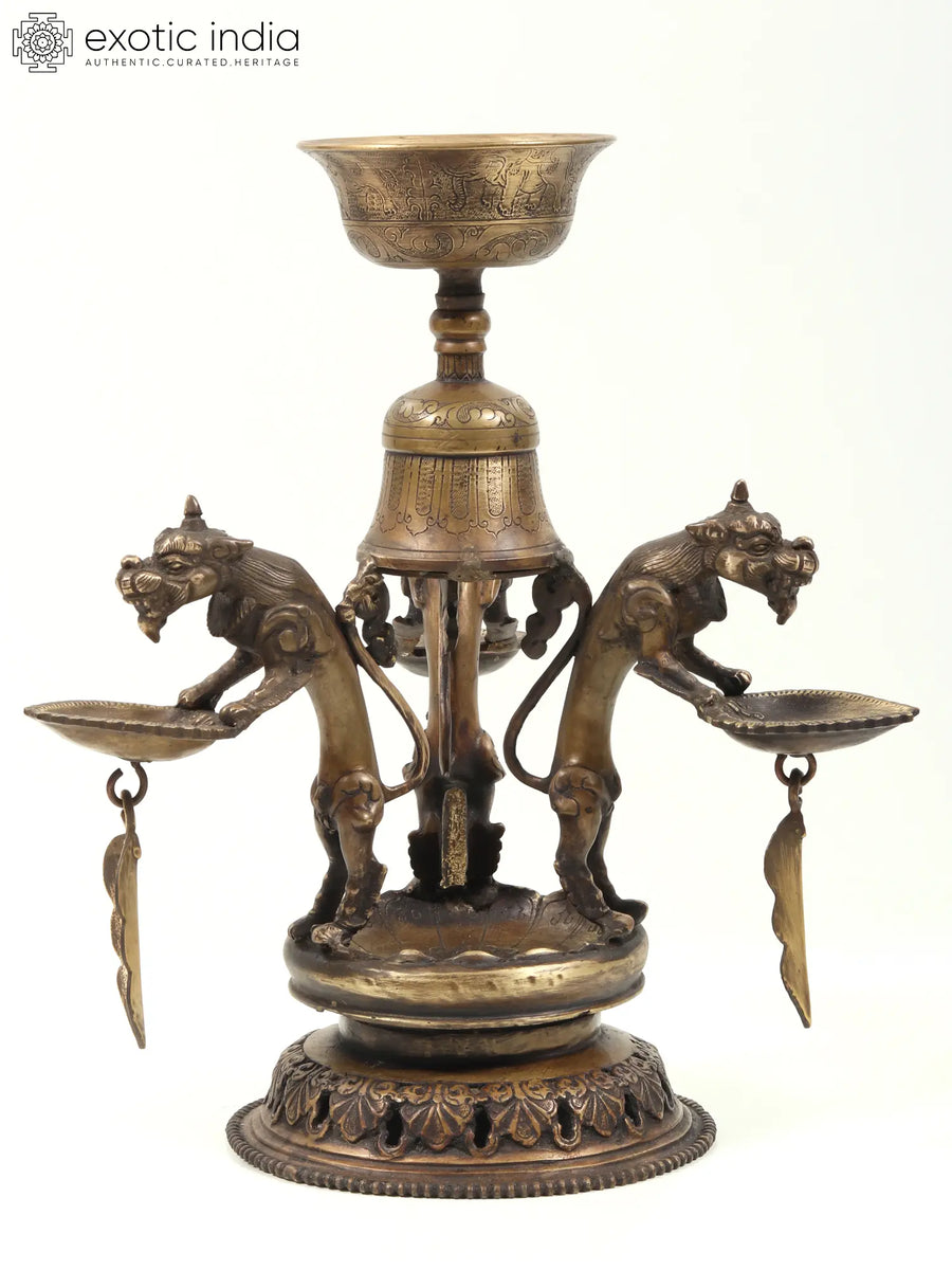 12" Nepali Temple Lion Brass Lamp