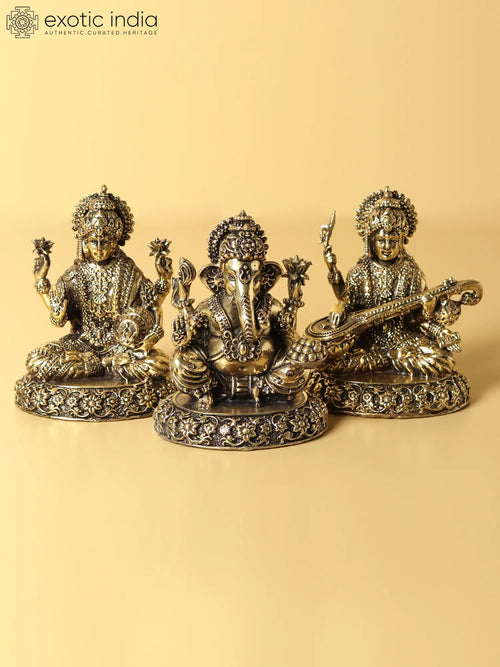 3" Brass Lakshmi Ganesha Saraswati Idol for Pooja