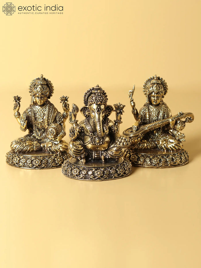 3" Small Lakshmi Ganesha Saraswati | Brass Statue