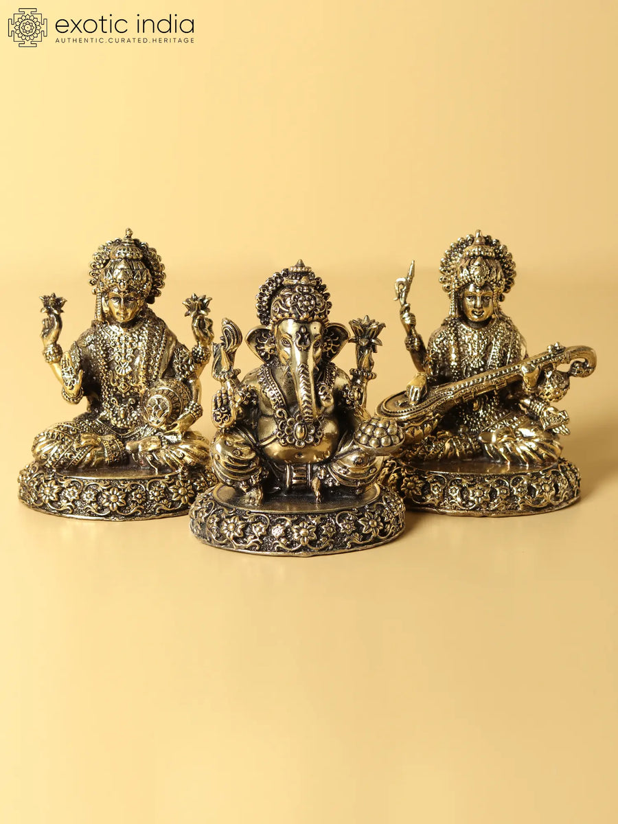 3" Brass Lakshmi Ganesha Saraswati Idol for Pooja