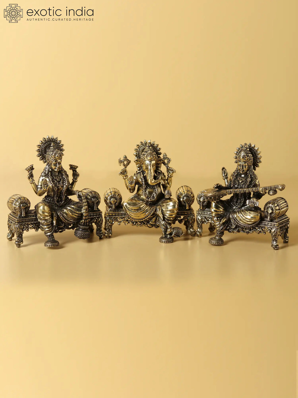 4" Small Seated Lakshmi Ganesha Saraswati | Brass Statue