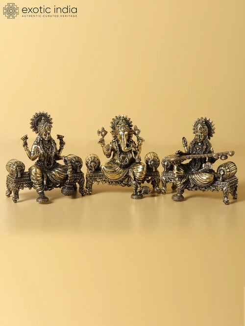 4" Seated Lakshmi Ganesha Saraswati Handmade Brass Statue