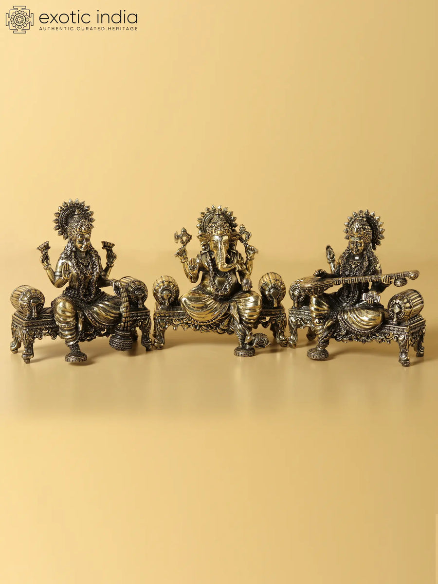 4" Seated Lakshmi Ganesha Saraswati Handmade Brass Statue