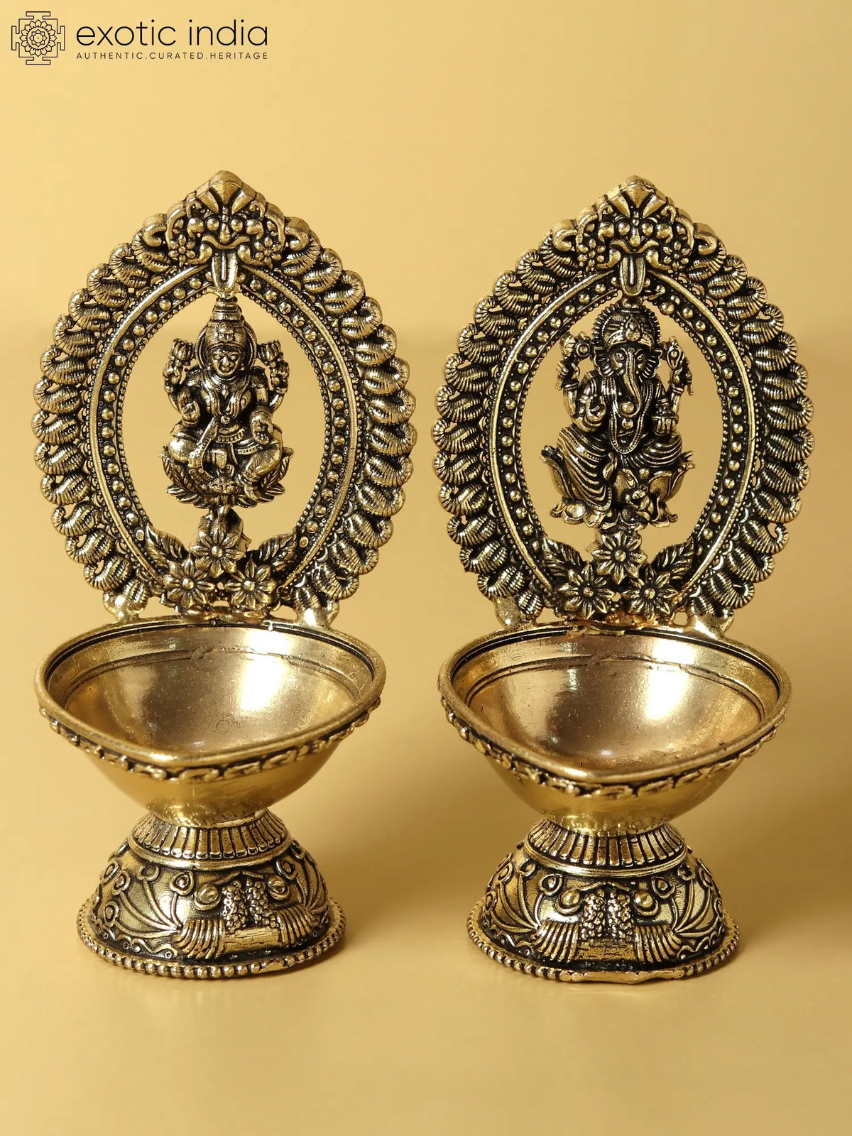 4" Fine Quality Pair of Lakshmi Ganesha Oil Lamp