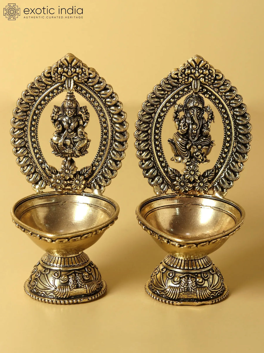 4" Lakshmi Ganesha Brass Oil Lamp Pair for Pooja