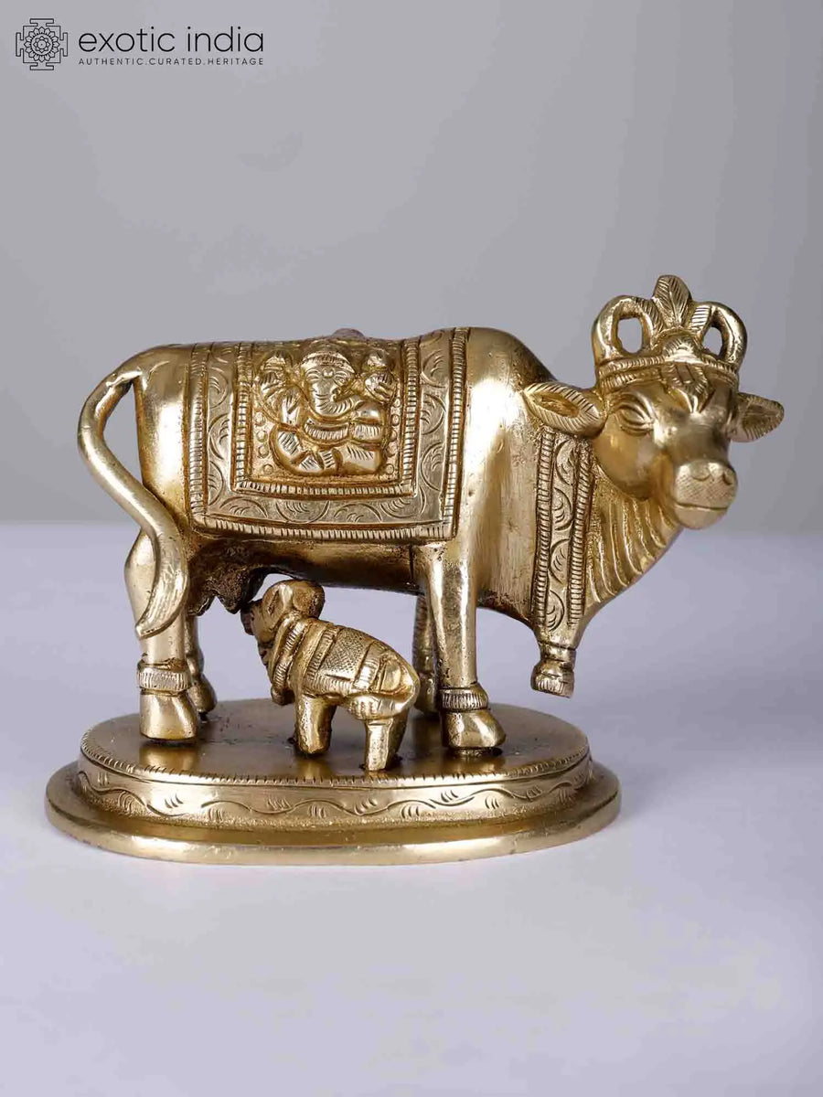 4" Goddess Kamdhenu Cow with Calf Brass Statue for Pooja