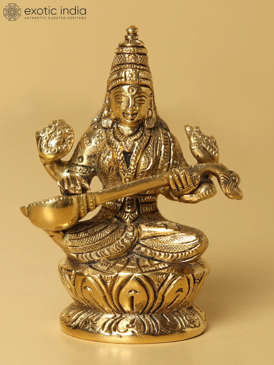 3" Small Brass Goddess Saraswati Idol on Lotus Pedestal