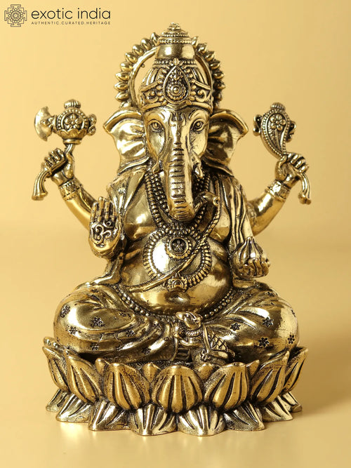 Superfine Brass Chaturbhuja Ganesha Idol Seated on Lotus