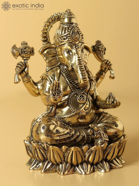 Small Superfine Chaturbhuja Lord Ganesha Idol Seated on Lotus (Multiple Sizes)