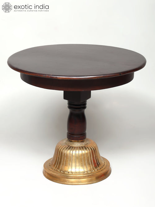 22" Round Wood Table with Brass Base for Home Decor