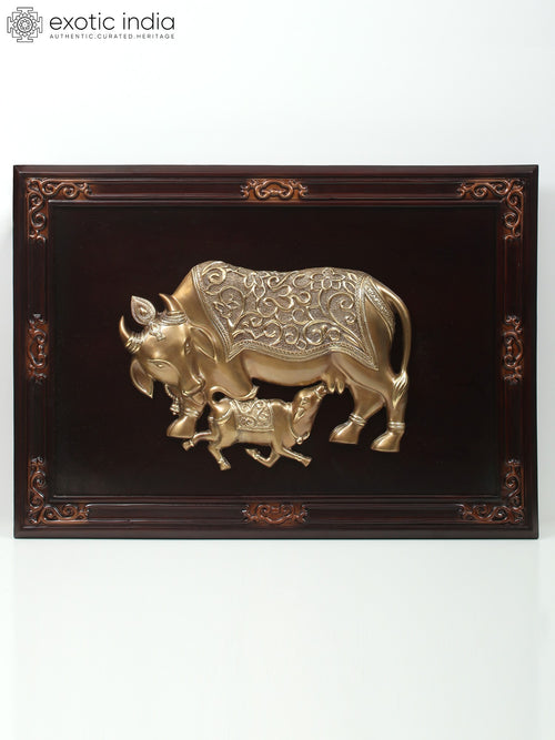 34" Large Wooden Framed Brass Cow and Calf Wall Hanging