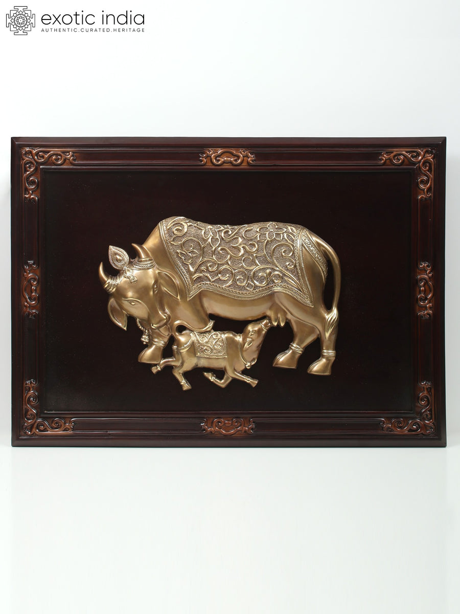 34" Large Wooden Framed Brass Cow and Calf Wall Hanging