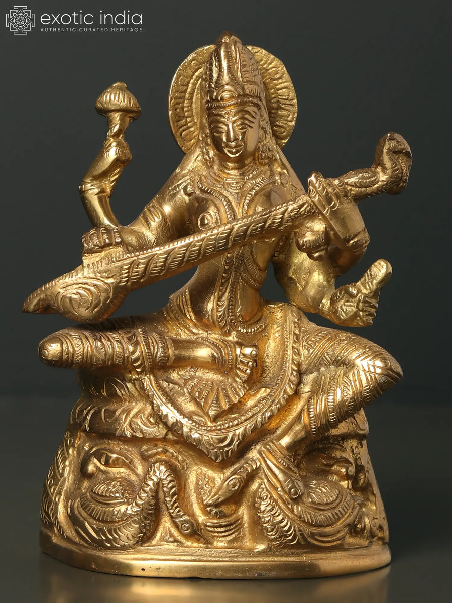 5" Sitting Goddess Saraswati Brass Statue for Pooja