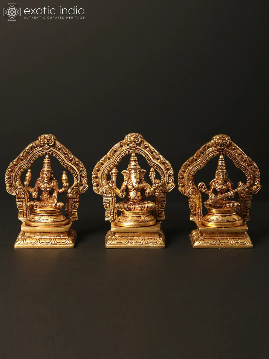 5" Lakshmi Ganesha Saraswati Brass Statue Set for Pooja