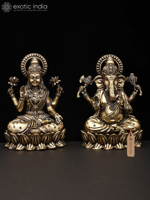 5" Small Superfine Pair of Ganesha Lakshmi Seated on Lotus | Brass Statues