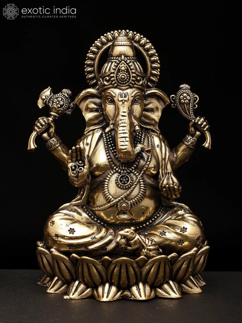 5" Small Superfine Pair of Ganesha Lakshmi Seated on Lotus | Brass Statues