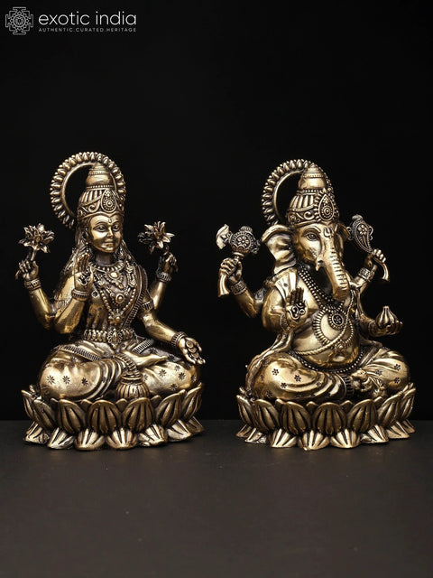 5" Small Superfine Pair of Ganesha Lakshmi Seated on Lotus | Brass Statues