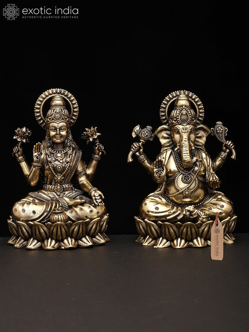 5" Brass Ganesha Lakshmi Seated on Lotus Statue Pair