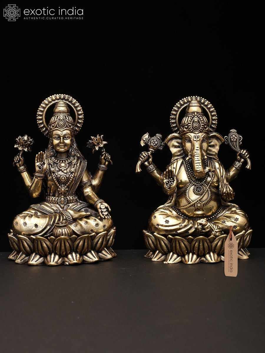 5" Brass Ganesha Lakshmi Seated on Lotus Statue Pair