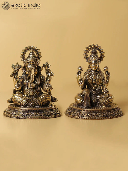 4" Brass Ganapati and Lakshmi Idol for Pooja
