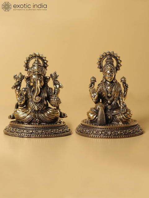 4" Small Brass Superfine Lord Ganapati and Goddess Lakshmi Idol
