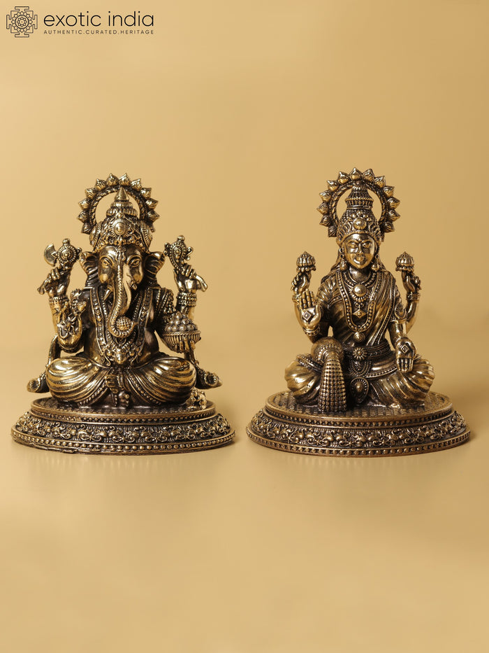 4" Small Brass Superfine Lord Ganapati and Goddess Lakshmi Idol