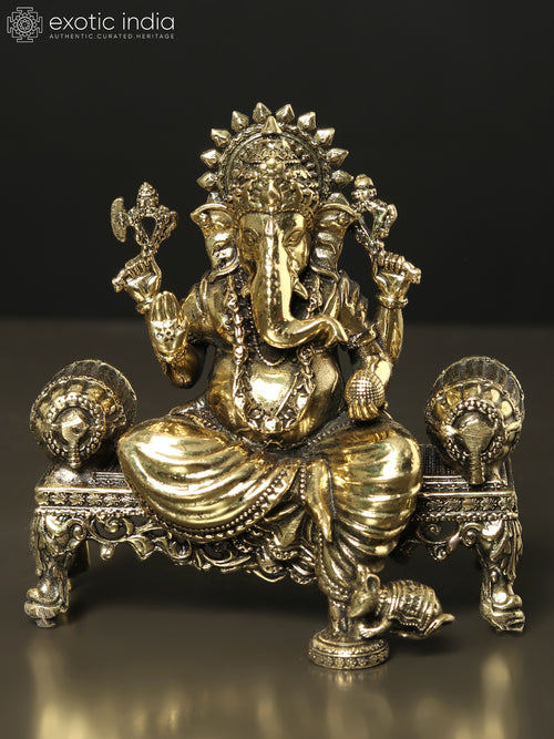 3" Handmade Brass Lord Ganesha Seated on Singhasan Statue