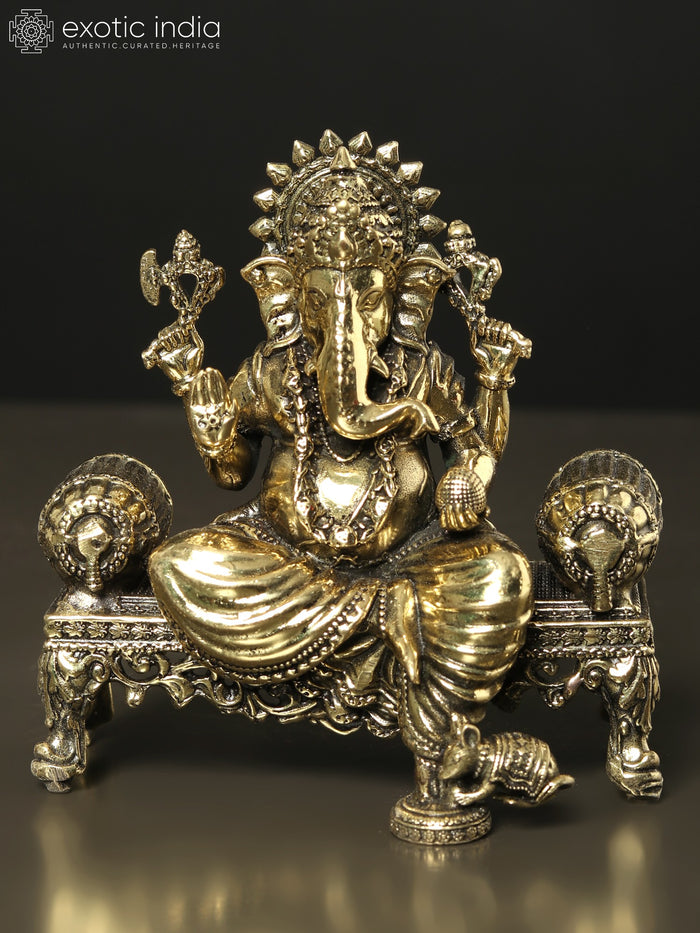 3" Handmade Brass Lord Ganesha Seated on Singhasan Statue
