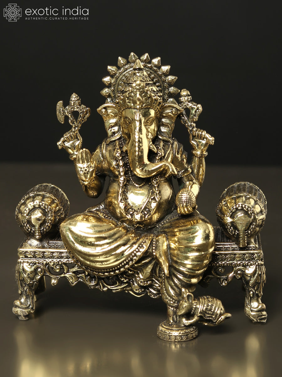 3" Handmade Brass Lord Ganesha Seated on Singhasan Statue