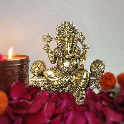 3" Small Superfine Lord Ganesha Seated on Singhasan | Brass Statue