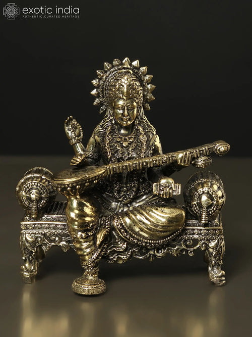 Brass Goddess Saraswati Seated on Singhasan Statue Handmade