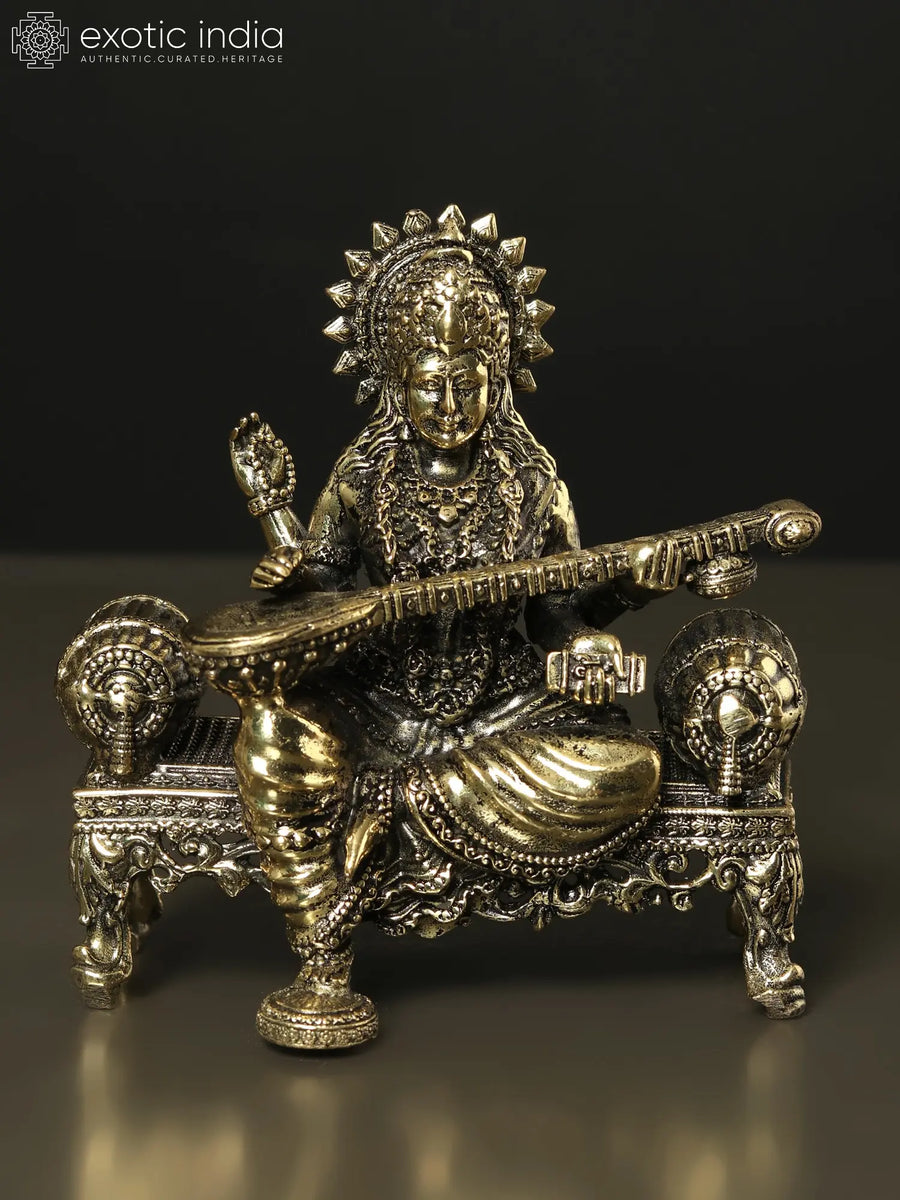 Brass Goddess Saraswati Seated on Singhasan Statue Handmade