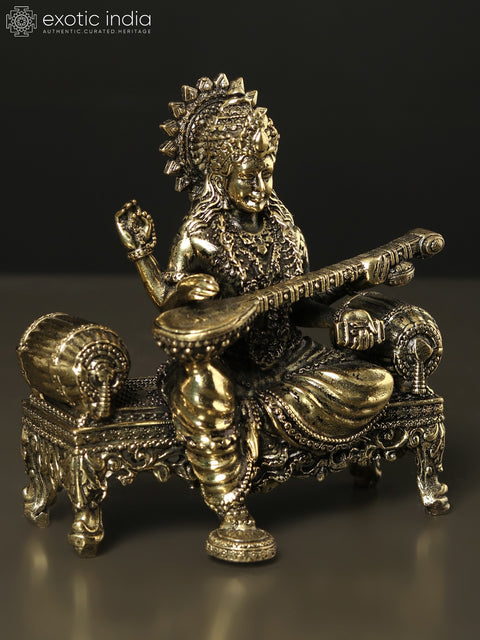 Superfine Goddess Saraswati Idol Seated on Singhasan | Brass Statue