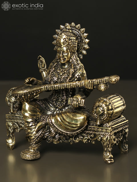 Superfine Goddess Saraswati Idol Seated on Singhasan | Brass Statue