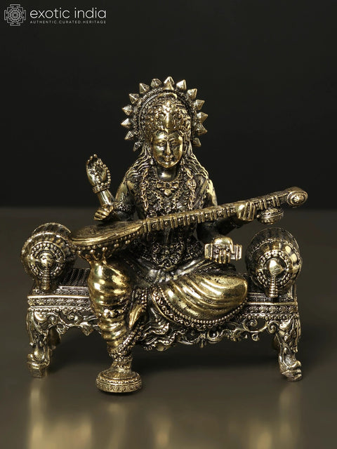 Superfine Goddess Saraswati Idol Seated on Singhasan | Brass Statue