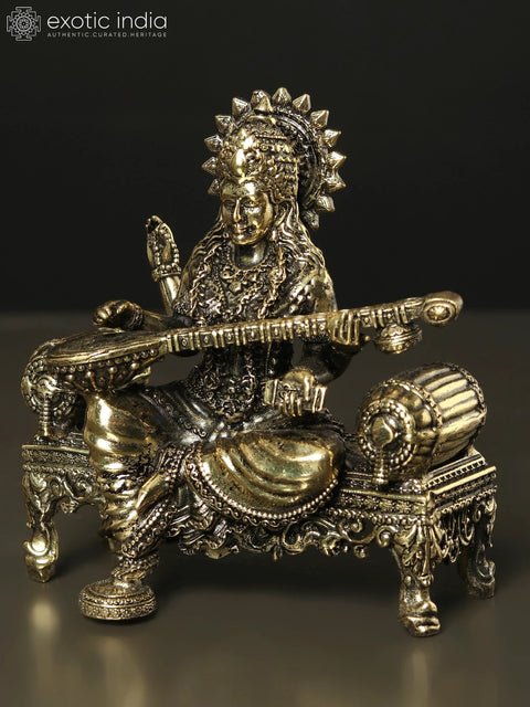 Superfine Goddess Saraswati Idol Seated on Singhasan | Brass Statue