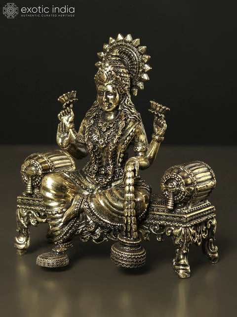 Superfine Goddess Lakshmi Seated on Singhasan | Small Brass Sculpture