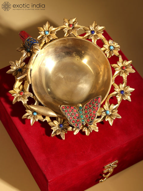 8" Designer Urli with Butterfly and Bird | Brass with Inlay Work | With Gift Box