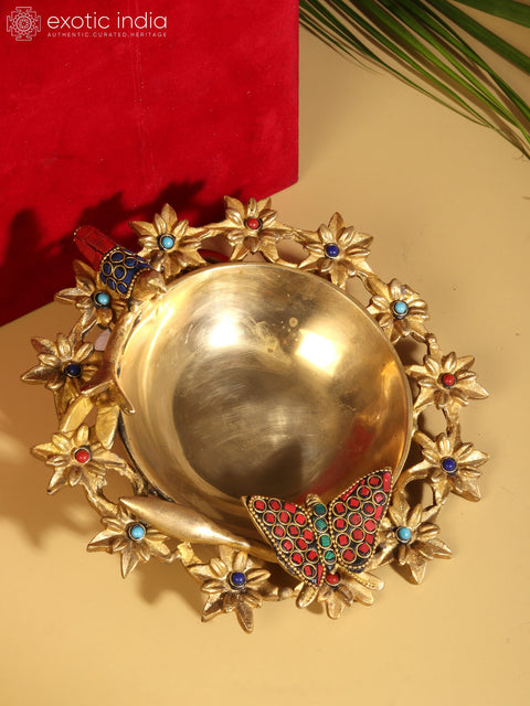 8" Designer Urli with Butterfly and Bird | Brass with Inlay Work | With Gift Box