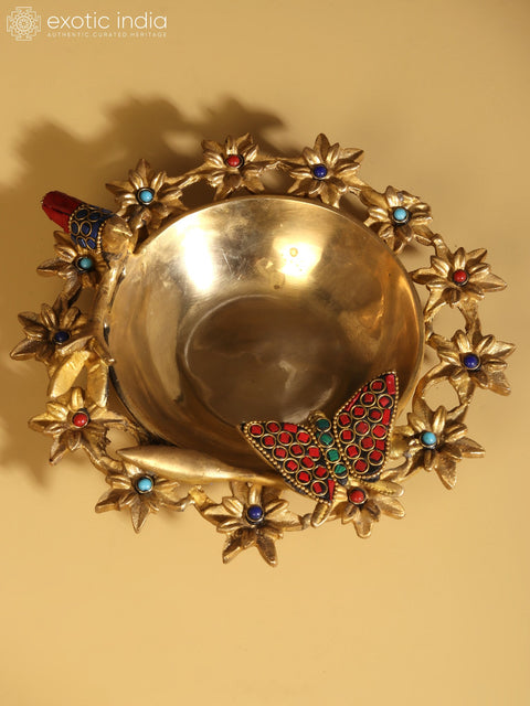 8" Designer Urli with Butterfly and Bird | Brass with Inlay Work | With Gift Box