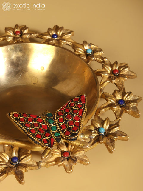 8" Designer Urli with Butterfly and Bird | Brass with Inlay Work | With Gift Box