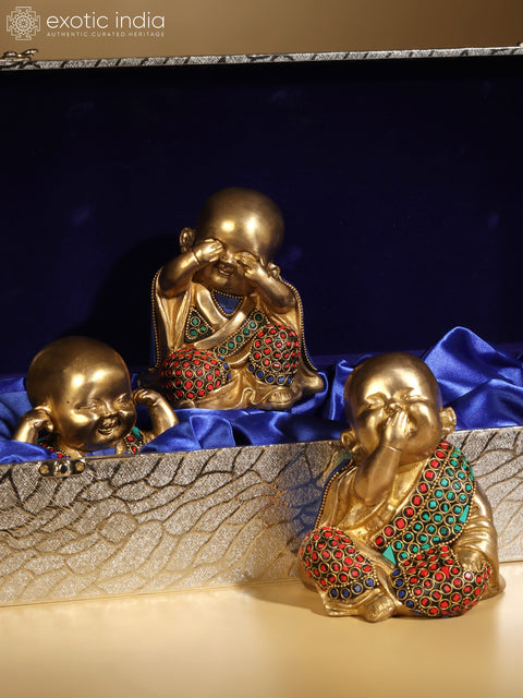 Baby Laughing Buddha Idol (Set of 3)  | Brass with Inlay Work