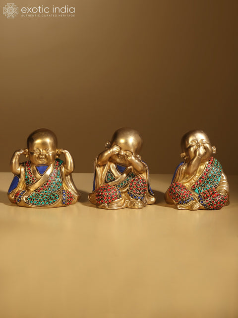 Baby Laughing Buddha Idol (Set of 3)  | Brass with Inlay Work