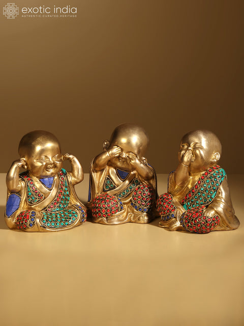 Baby Laughing Buddha Idol (Set of 3)  | Brass with Inlay Work