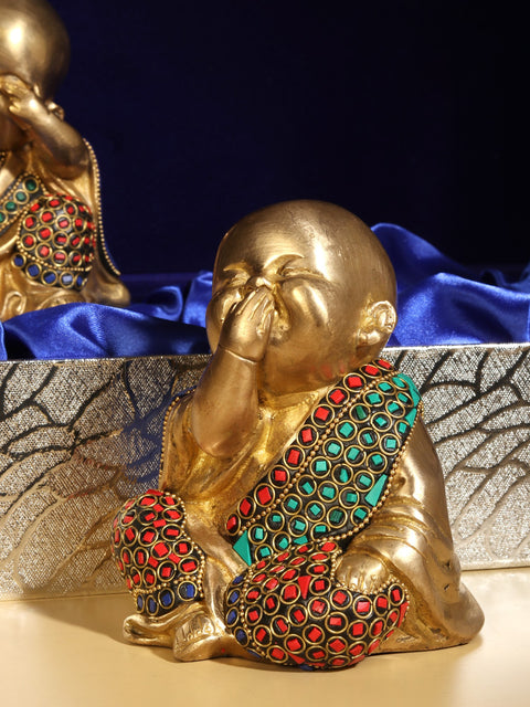 Baby Laughing Buddha Idol (Set of 3)  | Brass with Inlay Work