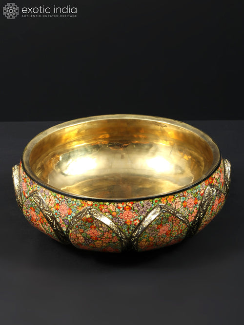 10" Hand Painted Papier Mache Bowl with Brass Interior and Gold Work