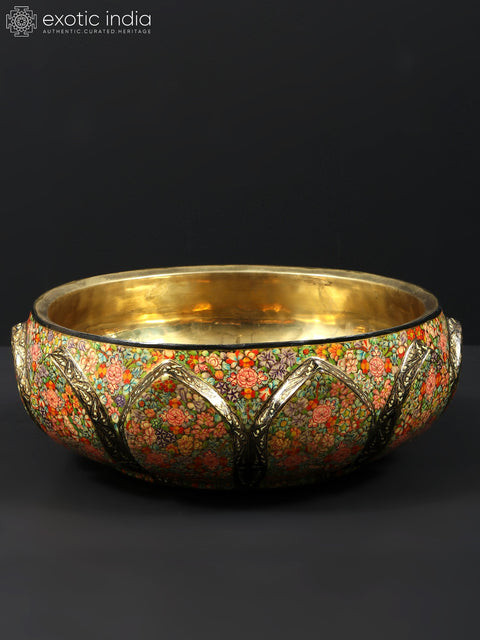 10" Hand Painted Papier Mache Bowl with Brass Inside | 24 Karat Gold Work | From Kashmir