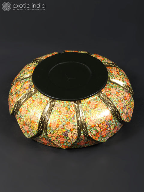 10" Hand Painted Papier Mache Bowl with Brass Inside | 24 Karat Gold Work | From Kashmir